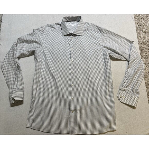 Eton Shirt Mens 17.5 44 White “Whales” Check Contemporary Dress Button Up Work - Picture 1 of 9